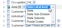 A drop-down list showing the Select all at level options for the Area field