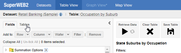 Table View with the mouse pointer over the Tables tab