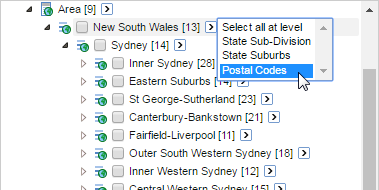 Selecting the Postal Codes option from the Select all at level drop-down menu on one state under the Area field