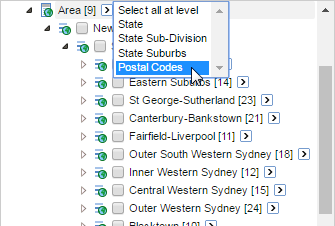 Selecting the Postal Codes option from the Select all at level drop-down menu on the Area field
