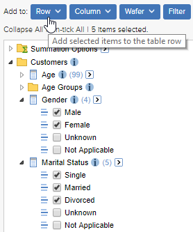 The field list with Male, Female, Single, Married and Divorced selected and the mouse pointer hovering over the Add to Row button 
