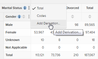 A table with the in-table menu open and the mouse pointer hovering over the Add Derivation option
