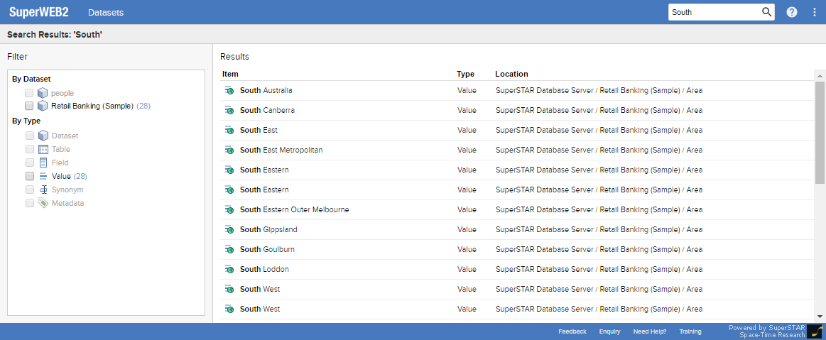 Search results for the query South, showing results like South Australia, South Canberra and so on
