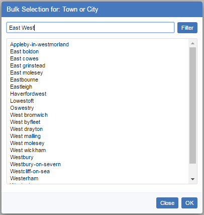 The Bulk Selection dialog for the Town or City field showing the first page of results filtered to only show items that contain the string East West