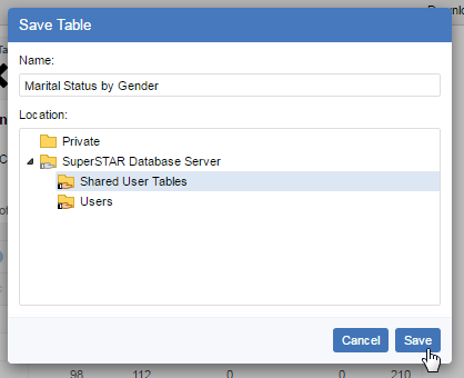 The Save Table dialog, with the name Marital Status by Gender entered in the Name field and the mouse pointer hovering over the Save button