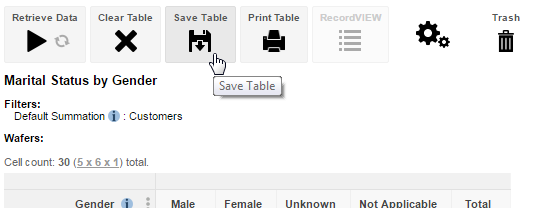 The mouse pointer hovering over the Save Table icon in Table View