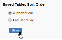 Saved Tables Sort Order with the options Alphabetical and Last Modified and the mouse pointer hovering over the Save button