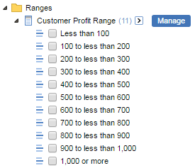 A defined range showing in the field list that includes the buckets less than 100, 100 to less than 200, 200 to less than 300 and so on up to 900 to less than 1,000 and 1,000 or more