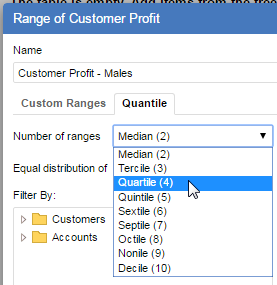 The Range dialog with the Quantile tab selected and the drop-down list showing available quantiles Median, Tercile, Quartile, Quintile, Sextile, Septile, Octile, Nonile, Decile