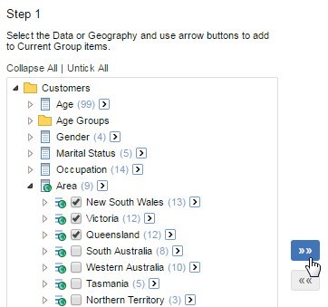 The field list on the Custom Data screen with three states selected in the Area field and the mouse pointer hovering over the button to add them to the custom group