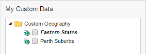 The My Custom Data pane with the Perth Suburbs1 group removed from the list