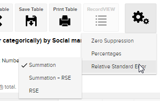 The SuperWEB2 settings menu with the Relative Standard Error submenu open and the Summation option selected