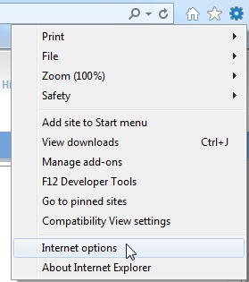 The Internet Explorer menu with the mouse hovering over Internet Options 