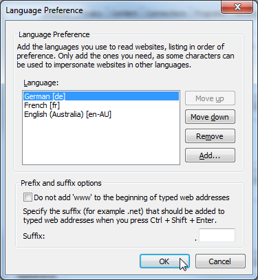 The Internet Explorer Language Preference dialog with the user's selected languages