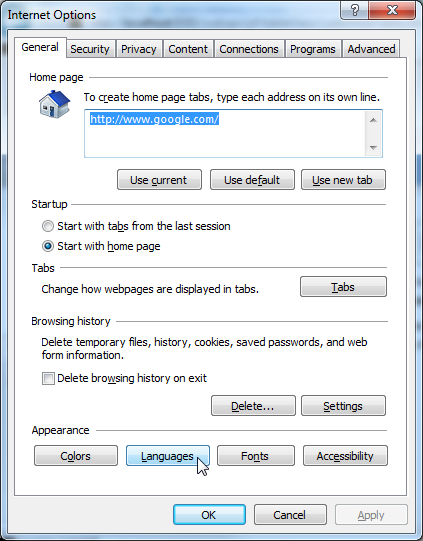 The Internet Explorer Internet Options dialog with the mouse pointer hovering over the Languages button