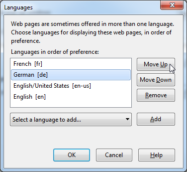The Firefox Languages dialog with the user's selected languages