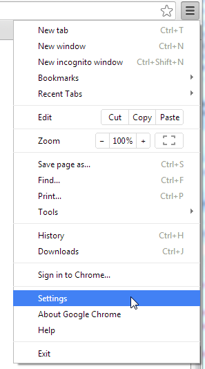 The Chrome browser menu with the Settings option selected
