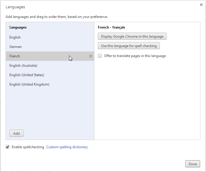 The Chrome browser language settings with the list of user selected languages
